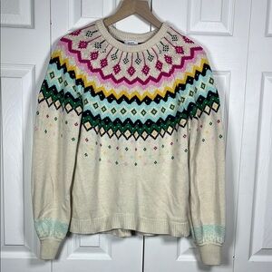Crown & Ivy Cream Fair Isle Crew Neck Sweater Size M Long Sleeves Colorful Warm
